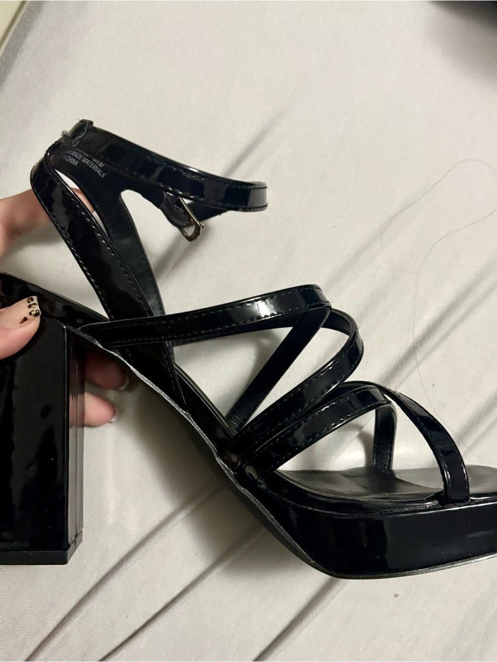 Black Patent Strappy Block Heel Sandals - Women